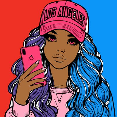 realistic beautiful girl wearing los ángeles cap holding an iphone