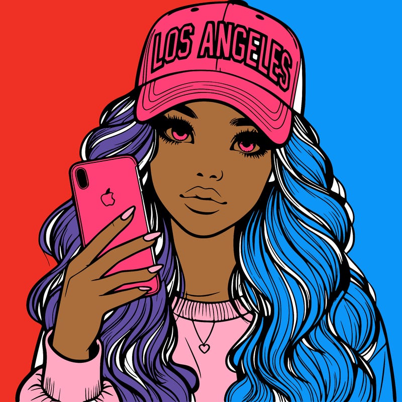 realistic beautiful girl wearing los ángeles cap holding an iphone