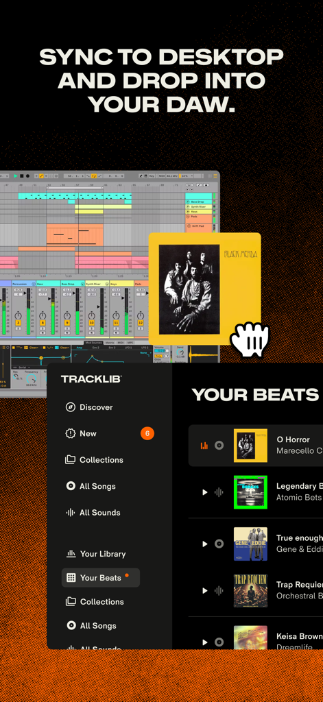 Tracklib - Beatmaker & Samples - Tracklib mobile app interface syncing music samples to a desktop digital audio workstation.
