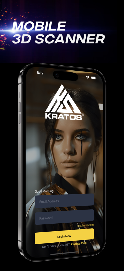 Kratos Surgery - Login screen of the Kratos Surgery app with a 3D facial scan model and login fields