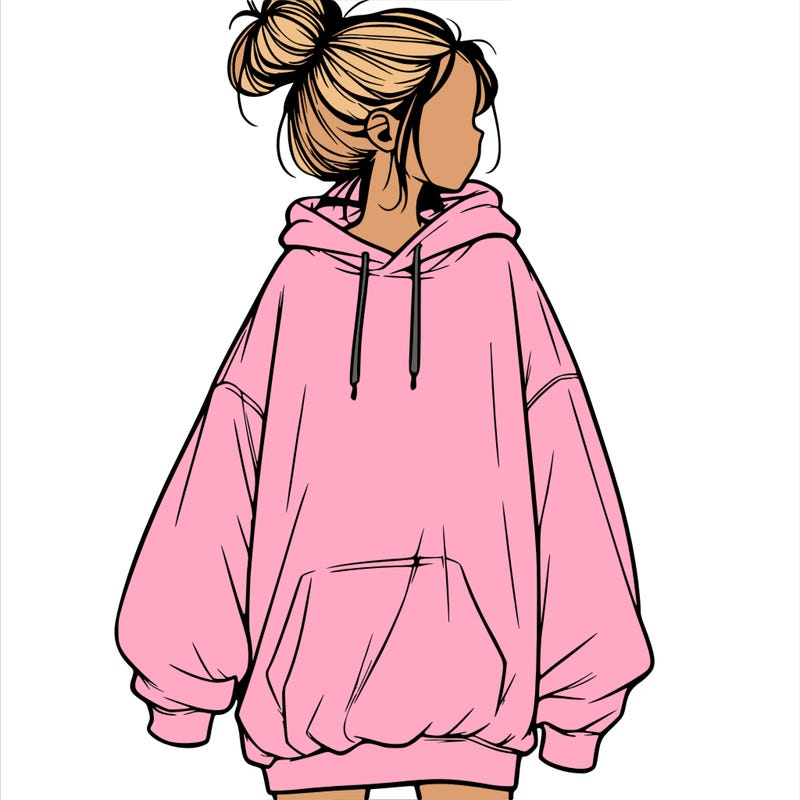 realistic girl with a oversized sweatshirt on and a bun