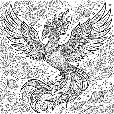 Embark on an epic coloring adventure with this stunning Celestial Phoenix design, crafted specifically for adults. Dive into a universe of intricate details, from starry feathers to swirling cosmic landscapes, offering hours of relaxing creativity.
