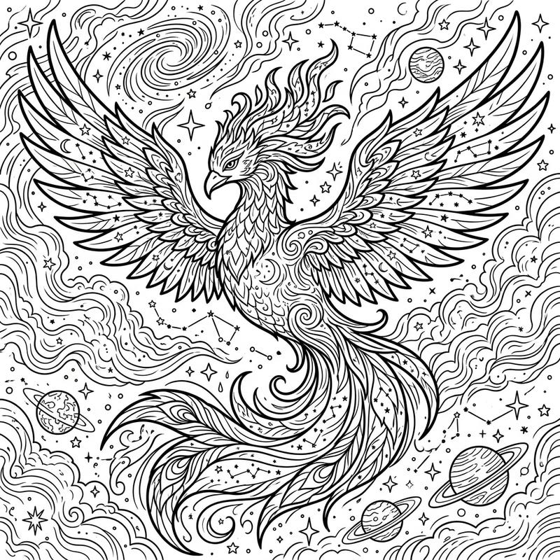 Embark on an epic coloring adventure with this stunning Celestial Phoenix design, crafted specifically for adults. Dive into a universe of intricate details, from starry feathers to swirling cosmic landscapes, offering hours of relaxing creativity.