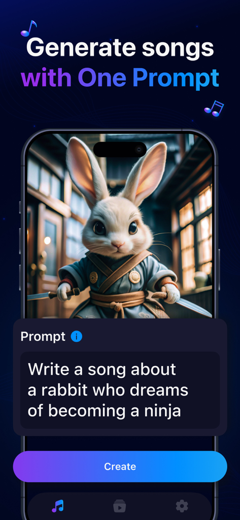 Muza AI: AI Song Creator - Muza AI app screen with a text prompt to create a song about a ninja rabbit