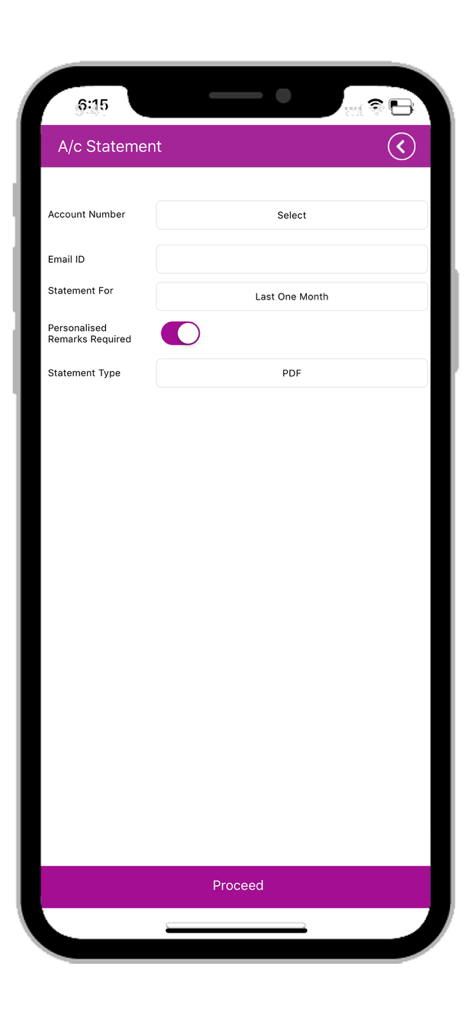 KBL mPassbook - Account statement request screen in the KBL mPassbook app showing fields for account number, email ID, and statement period.