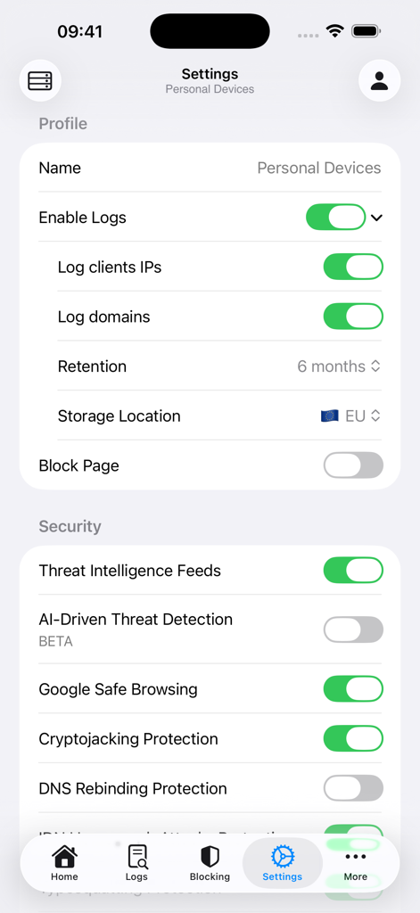 NextDNS Remote - NextDNS Remote app interface showing security and profile log settings