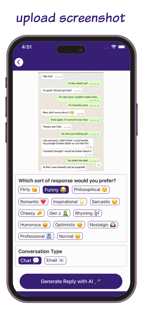 Interface of Reply AI app showing chat upload feature and various response tone options like funny and professional