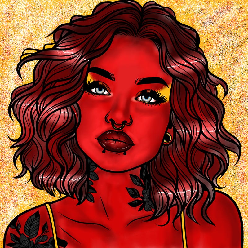 realistic woman with septum piercing and wavy hair and tattoos