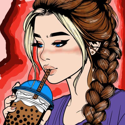 realistic girl drinking boba tea with braided hair
