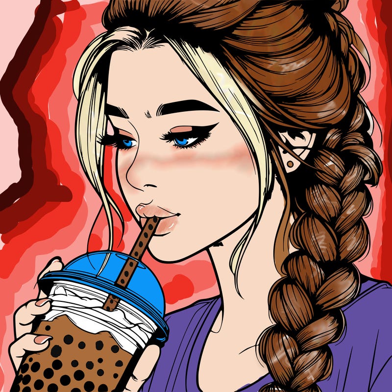 realistic girl drinking boba tea with braided hair