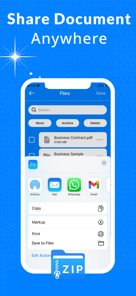 7-Zip Extractor・unzip・opener - A smartphone screen displaying the 7-Zip Extractor app with an open share menu for sending PDF documents through AirDrop, Mail, and WhatsApp.