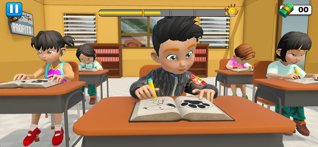 Animated students sitting at their desks in a classroom