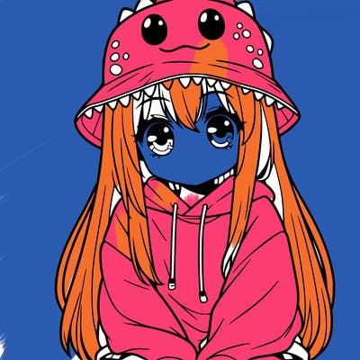 girl with anime shaped eyes with a dinosaur bucket hat oversized sweatshirt long straight hair