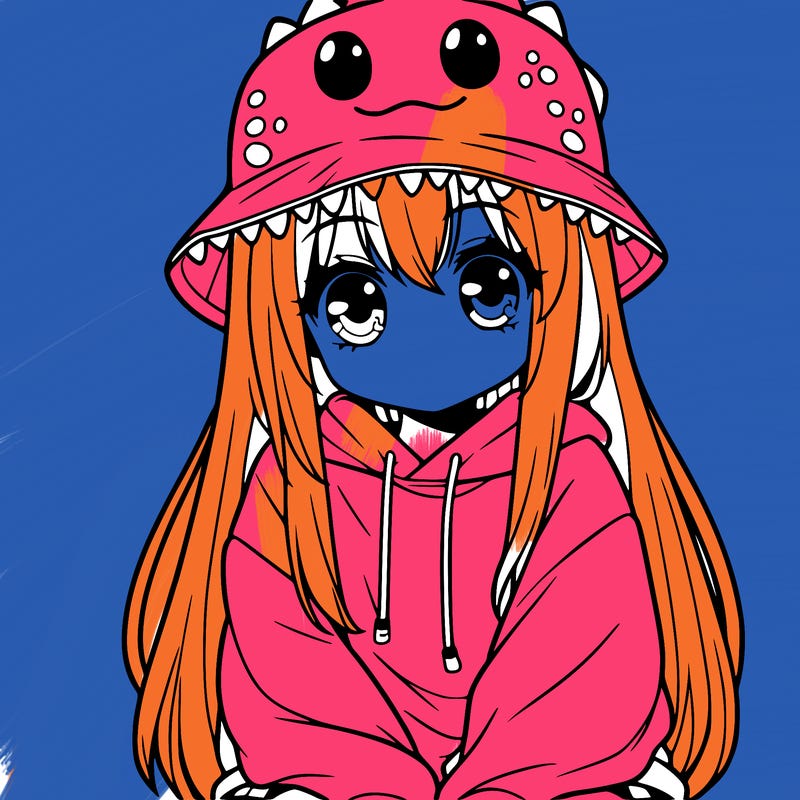 girl with anime shaped eyes with a dinosaur bucket hat oversized sweatshirt long straight hair
