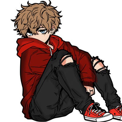 a male hoddie ripped jeans messy hair anime