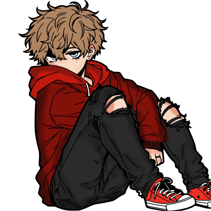 a male hoddie ripped jeans messy hair anime