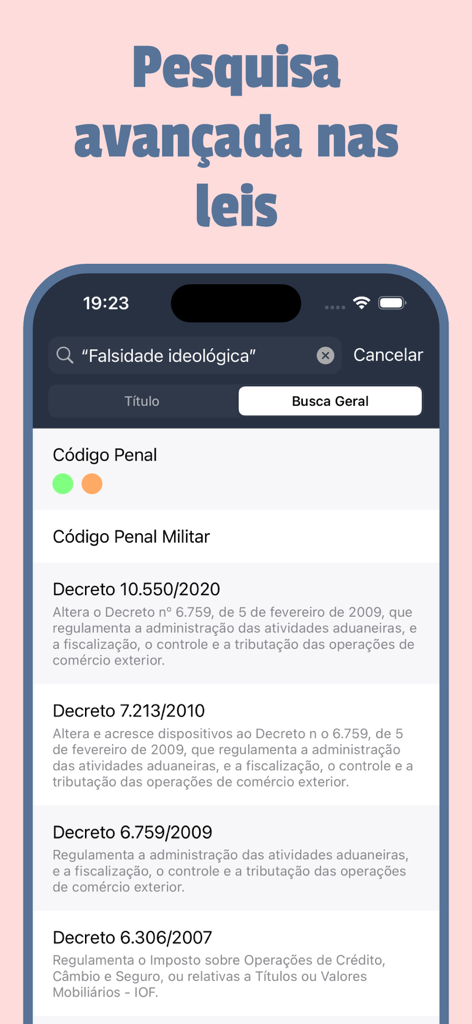 Vade Mecum 2026 Direito Brasil - Advanced search interface of the Vade Mecum 2026 app showing Brazilian legal codes and search results