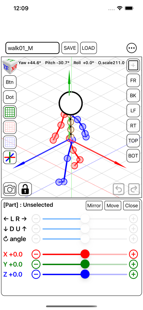 Stick Figure 3D Pose - Interfaccia dell'app Stick Figure 3D Pose che mostra un manichino su una griglia con cursori di trasformazione e controlli della fotocamera
