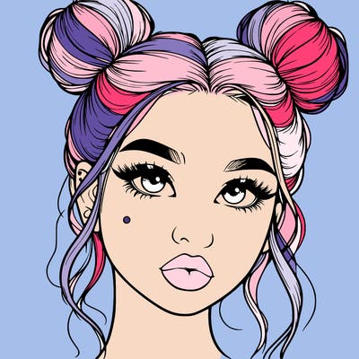 realistic girl with two buns on her hair and lips
