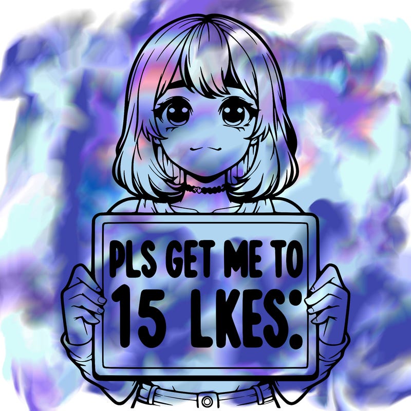 realistic girl holding up a sign that says “pls get me to 15 likes!”