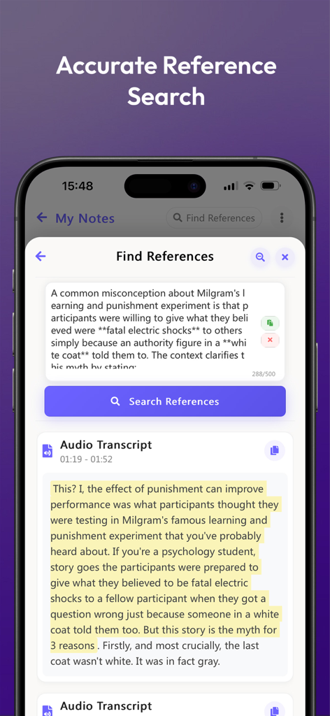 EasyNoteAI-AI Note Taker - Pantalla de la aplicación EasyNoteAI que muestra la función Buscar referencias con una transcripción de audio resaltada y un fragmento de nota