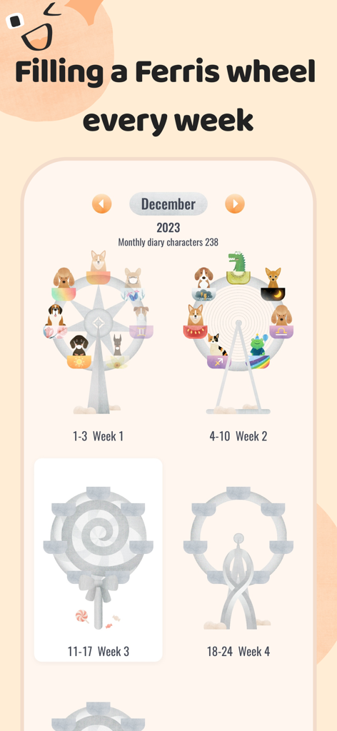 mooding - diary, mood & notes - Weekly mood overview showing diary entries as icons on a Ferris wheel.