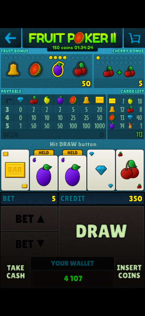 Gameplay of Fruit Poker II featuring retro 90s style video poker cards and fruit symbols