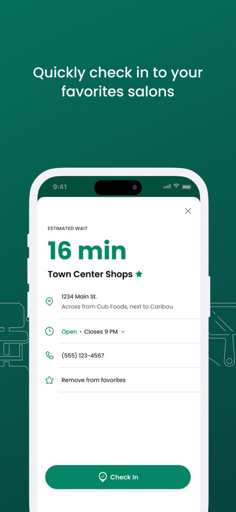 Great Clips Online Check-in - Mobile app screen showing a 16 minute estimated wait time and check-in button for a Great Clips salon.