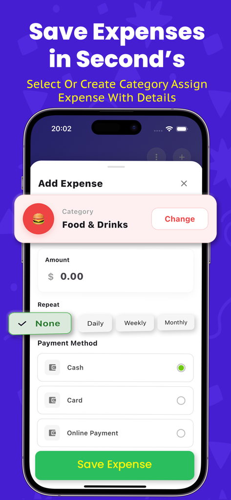 ListExpenser: Expense Tracker - Interface for adding a new expense in the ListExpenser app showing category selection amount entry and payment method options