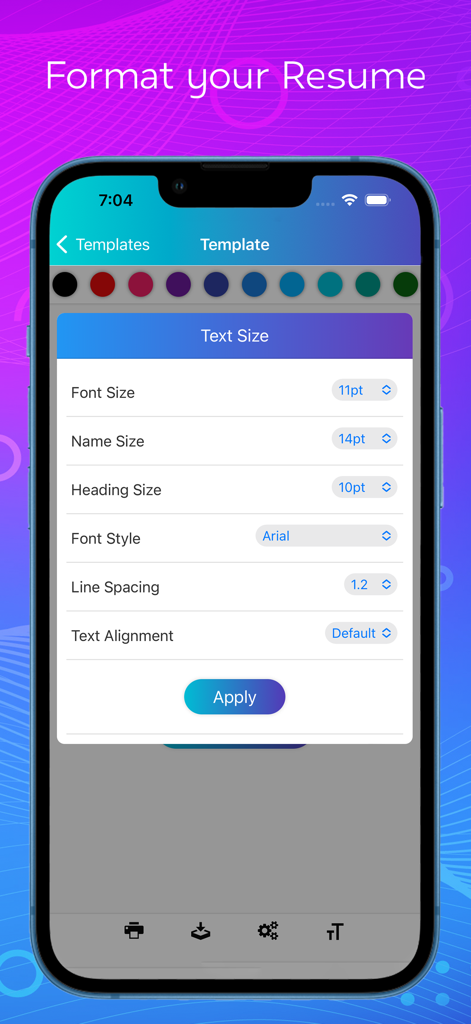 Interface of the Intelligent CV Maker app showing font size and text formatting options for a resume