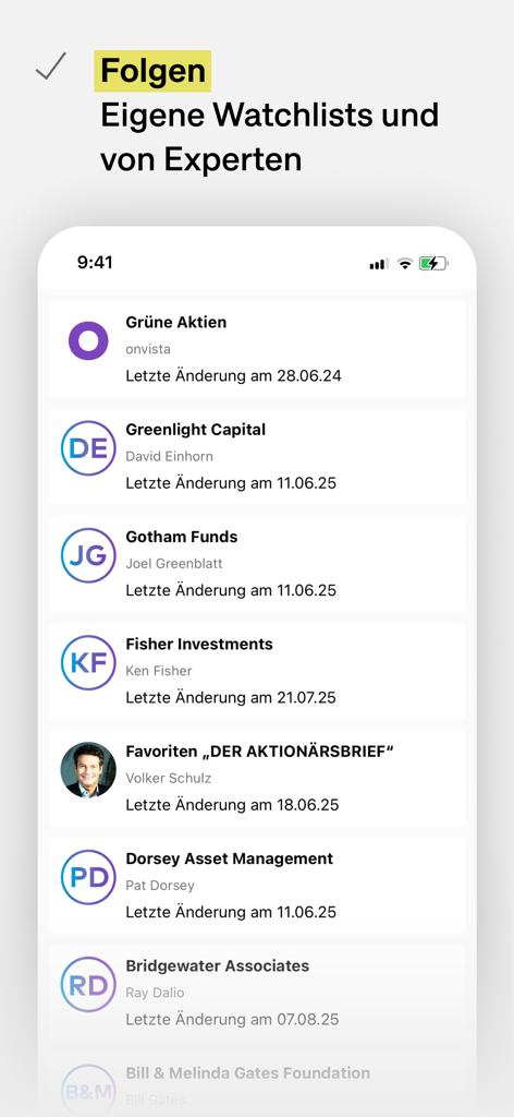 Une liste de listes de surveillance d'experts sur l'application onvista montrant des investisseurs institutionnels comme Bridgewater Associates et Fisher Investments