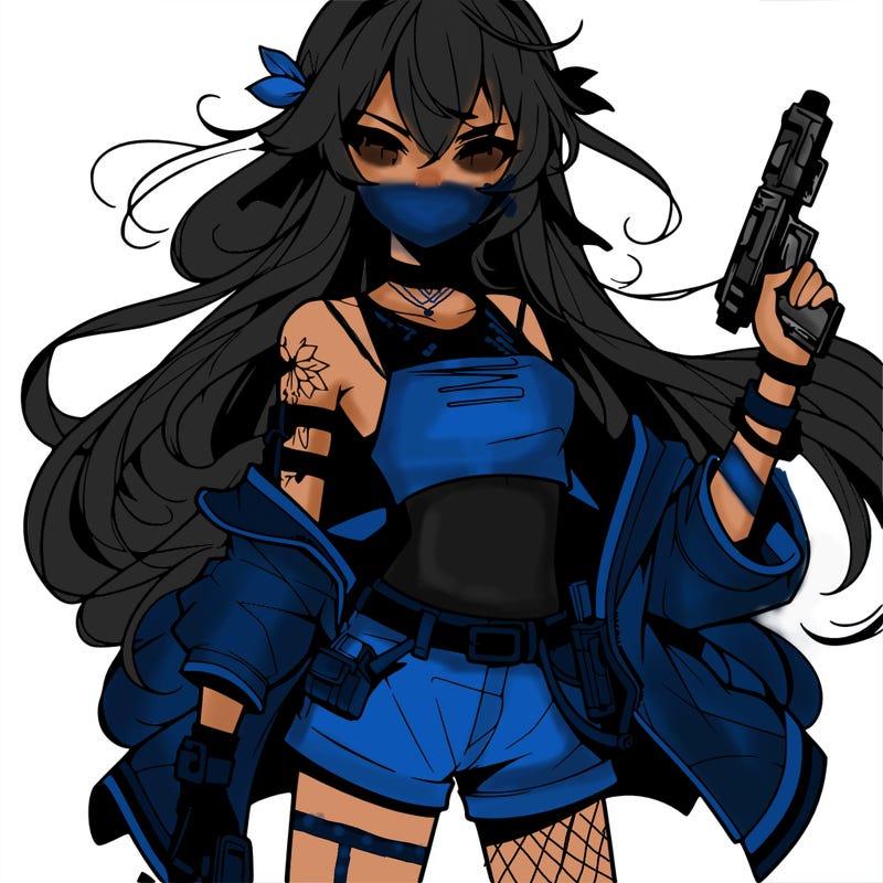 bad girl wearing crop top holding a gun long hair anime