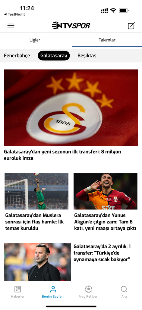 NTV Spor - Sporun Adresi - NTV Spor app screen showing Galatasaray football club news and transfer updates