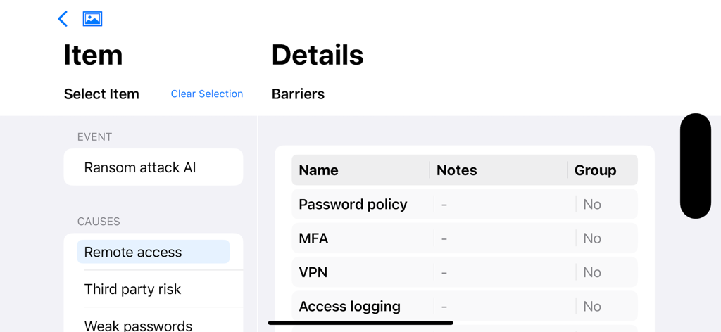 Interfaccia dell'app Risk Analyser Mobile che visualizza i dettagli dell'evento di rischio e un elenco di barriere di sicurezza.