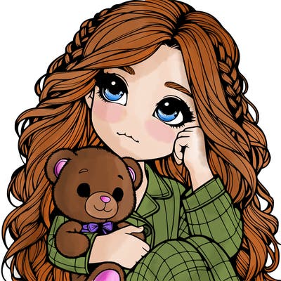 realistic girl with a teddy bear in pajamas