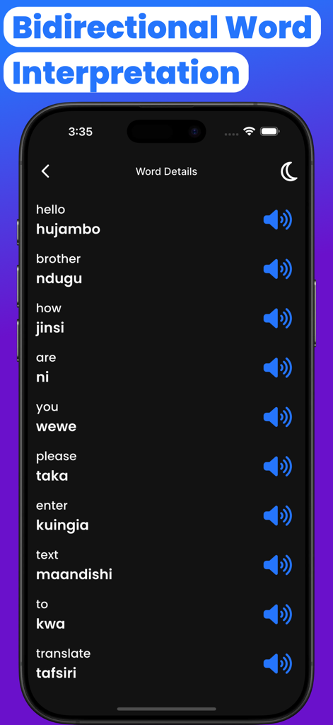 Pantalla de la aplicación móvil que muestra traducciones de palabras de inglés a suajili con opciones de pronunciación de audio.