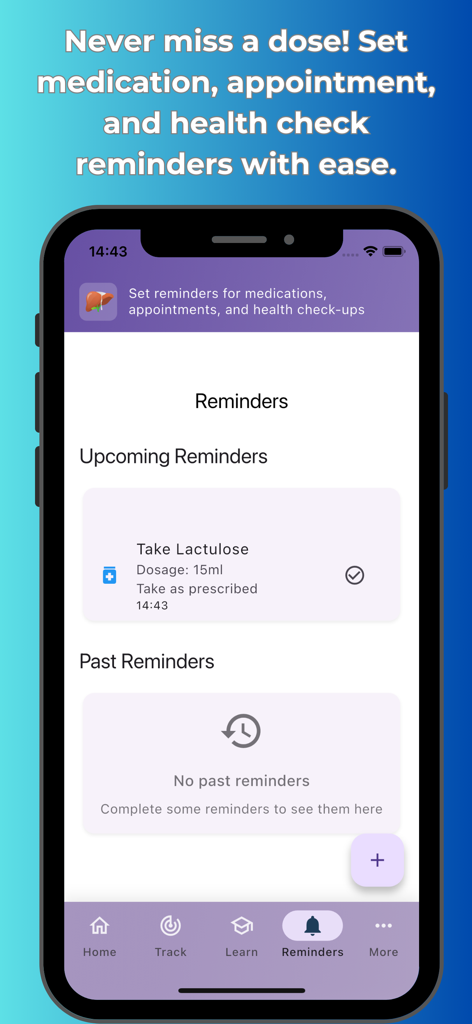 Liver health plus - Liver Health Plus app interface showing upcoming medication and health check reminders