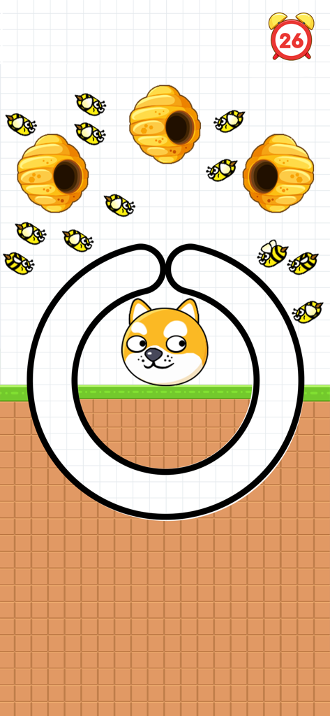 Save The Pets: Save Dog - La cabeza de un perro Shiba Inu protegida de abejas atacantes por una línea circular dibujada a mano