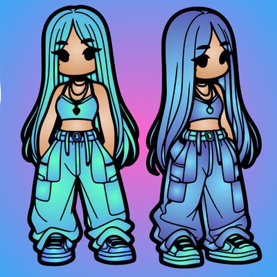 girl in baggy pants crop top and long hair