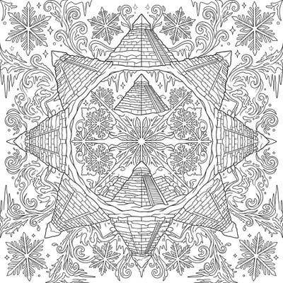 Journey to a frozen desert with this captivating Winter Pyramids Mandala. This intricate design blends ancient wonders with the beauty of a snowy landscape, offering a unique coloring experience.