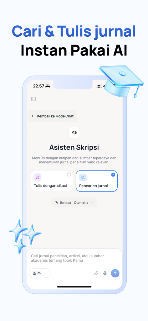 Supa AI - Interface of Supa AI app featuring an academic thesis assistant for writing and journal search