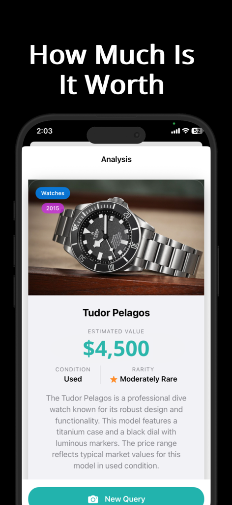 How Much Is It Worth - Screenshot of the How Much Is It Worth app displaying an AI appraisal of a Tudor Pelagos watch valued at 4500 dollars.