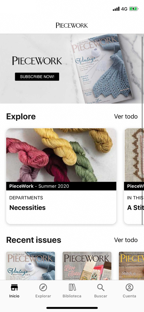 PieceWork Magazine - Interface do aplicativo PieceWork Magazine mostrando um banner de assinatura, edições digitais recentes e novelos de fios coloridos.