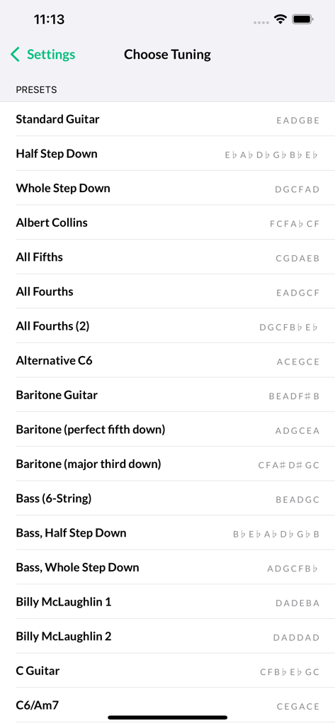 Reverse Chord Finder Pro - A list of various guitar and bass tuning presets available in the Reverse Chord Finder Pro app.
