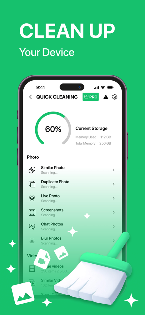 LIME Cleaner - Storage Cleanup - LIME Cleanerモバイルアプリのインターフェース。クイックストレージクリーニングと写真管理機能を表示しています。