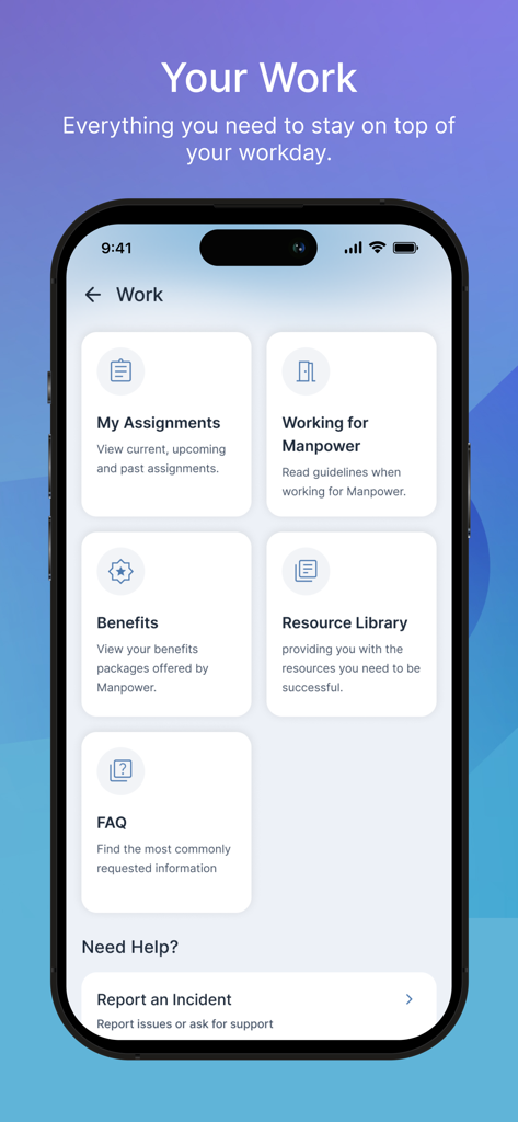 My Manpower – Job Search - Dashboard of the My Manpower app showing options for assignments, benefits, and support resources.