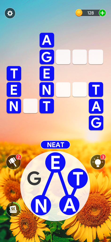 Ein Gameplay-Screenshot von Crossword Journey, der ein Worträtsel mit einem Sonnenblumenfeld im Hintergrund zeigt