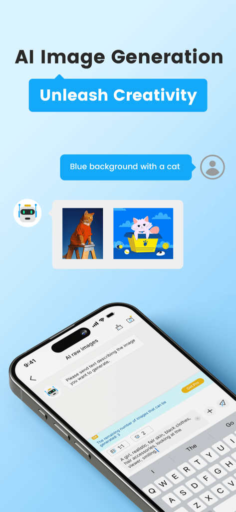 Labelnize - Labelnize app interface showing AI-generated cat images created from a text prompt