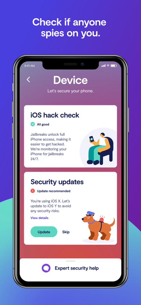 Clarioモバイルアプリのインターフェースに、iOSハックチェックとセキュリティアップデートの通知が表示されています。