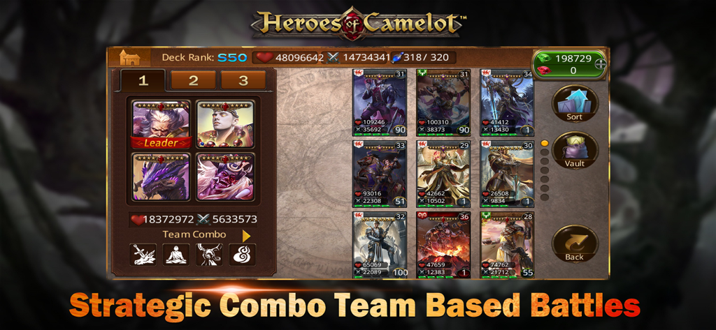 Heroes of Camelot - Heroes of Camelot strategic team based battles screen showing character cards and deck stats